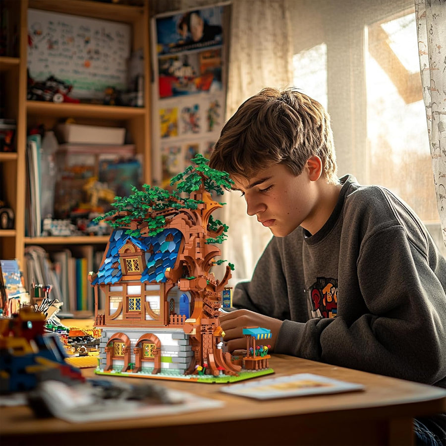 Jeu de Construction de cabane médiévale éclairée, Objet de Collection Architectural ou décoration pour la Maison ou Le Bureau, kit de Construction créatif