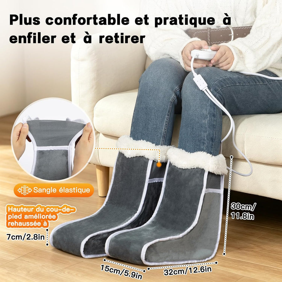 Chauffe-pieds Électrique avec Ouverture Élastique, Design Séparé Chausson Chauffant Électrique, 6 Températures, 4 Minuteurs, Câble de 2,3 m, Réchauffement Rapide pour les Pieds Froids