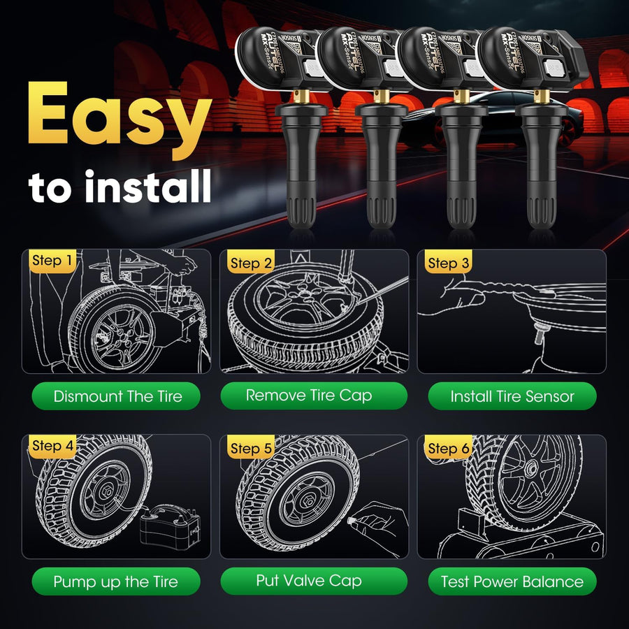 Capteur TPMS 2 en 1 MX-Sensor, capteur de surveillance de la pression des pneus à enfoncer à 1 capteur, capteur TPMS sans fil programmable et clonable de niveau OE pour tous les véhicules (valve en caoutchouc, 4 pièces)