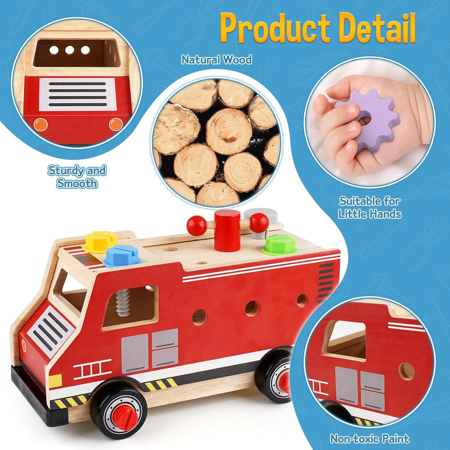 Jouet en Bois, Boite a Outils, Camion de Pompier Voiture Enfant, Montessori Jeux, 47 Pièces