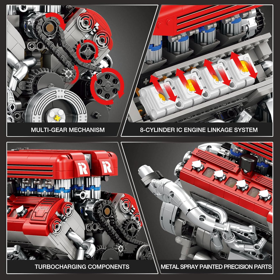 Kit de construction mécanique V8 pour adultes, 1101 pièces avec mouvement moteur réaliste avec moteur, ensemble d'ingénierie de construction de moteur de voiture, cadeau éducatif STEM