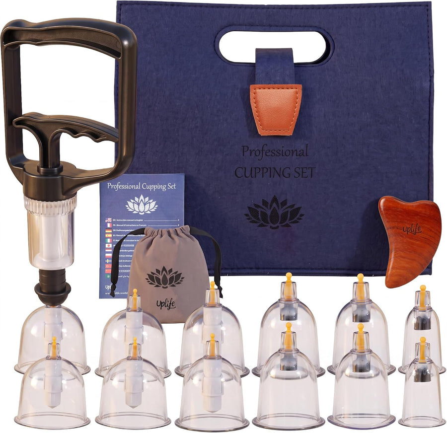 Uplife Kit 12 Ventouses Cupping avec Pistolet – Massage Dos et Corps Notice illustrée en français, 5 tailles ø35-69 mm, 6 aimants, tube d'extension et sac de rangement, hijama anti-cellulite