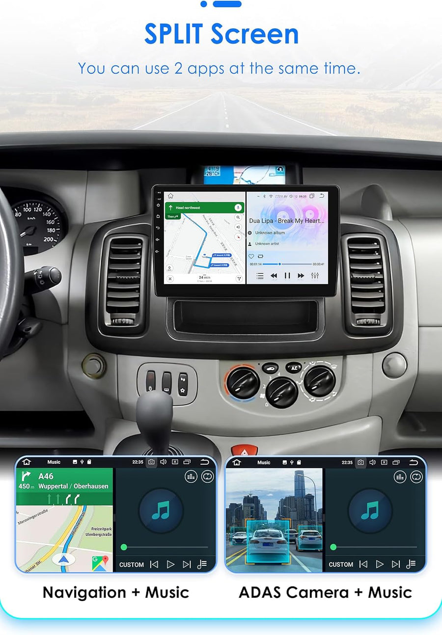 Ecran Carplay Autoradio Android 14 10,1" pour Renault Trafic/Opel Vivaro 2010-2014, 2 Go et 64 Go de mémoire, prend en charge Carplay/Android Auto sans fil, commande au volant, WiFi/4G, FM