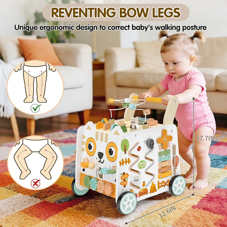 Trotteur en bois pour bébé,centre d'activités Montessori,hauteur réglable pour enfant de 1 an,cube d'activités 16 en 1 avec labyrinthe de perles,trieur de formes, xylophone,jouet d’éveil dès 12 mois