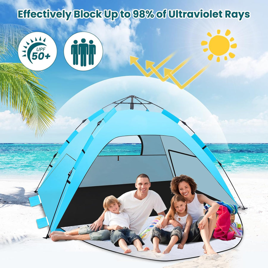 Tente de plage instantanée automatique Quick Up avec véranda extensible 3, protection UV 50+ contre le vent pour la plage, la famille, le jardin, le camping - Bleu