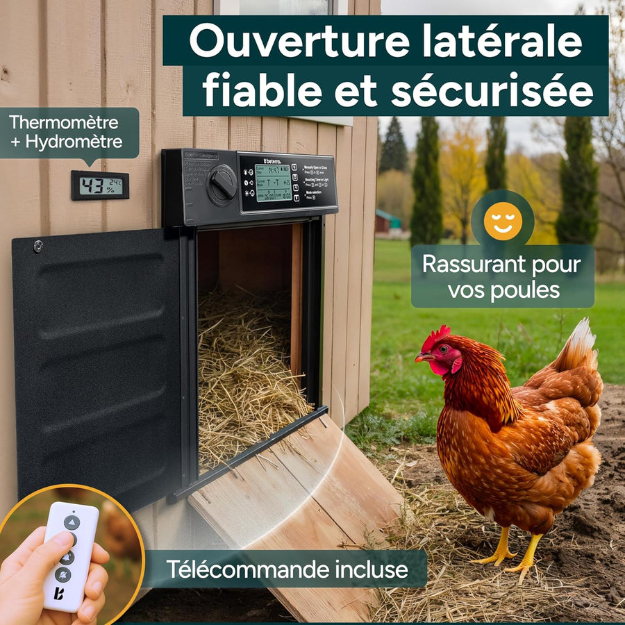 Porte Automatique Poulailler Solaire – Intelligente, Ouverture Latérale, Étanche IP45, Anti-Prédateur, Télécommande, Écran LCD, Batterie 5000mAh, USB-C, Capteur de Température Aluminium Noir