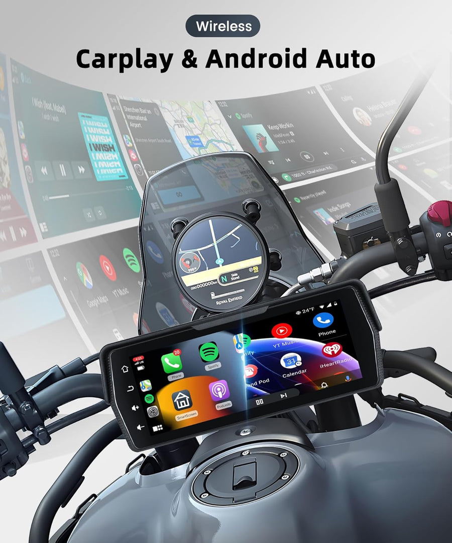 Écran CarPlay pour Moto avec 2 caméras, Enregistrement en Boucle, CarPlay sans Fil et Android Auto, enregistreur de Conduite écran Tactile Portable Bluetooth de 6,86 Pouces, Navigation/Siri