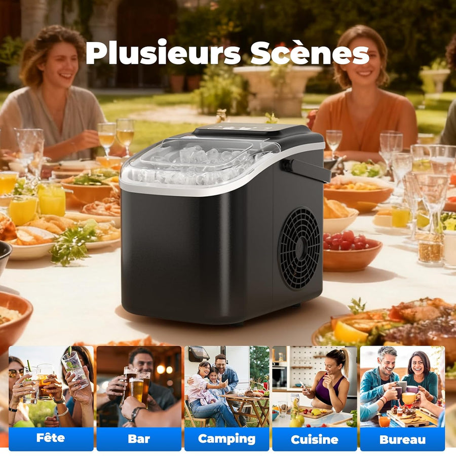 Machine à Glaçons, 12kg en 24h, Portable Machine a Glacons avec Cuillère à Glace, 8 Glaçons en 6-8 Minutes, Autonettoyante