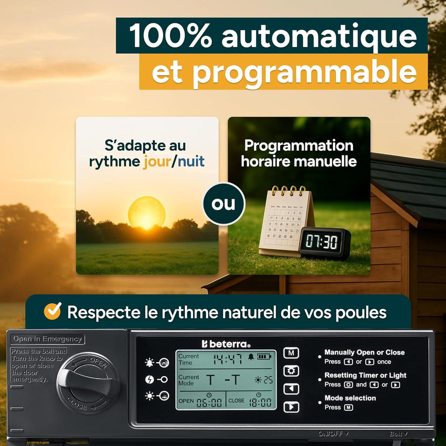 Porte Automatique Poulailler Solaire – Intelligente, Ouverture Latérale, Étanche IP45, Anti-Prédateur, Télécommande, Écran LCD, Batterie 5000mAh, USB-C, Capteur de Température Aluminium Noir