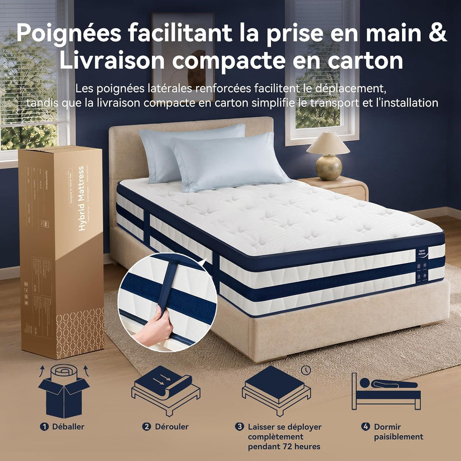 Matelas 120x200, 26 cm Hybride à Ressorts Ensachés et Mémoire de Forme Soutien Mi-Ferme, Confort Rafraîchissant, Isolation des Mouvements, Tissu 3D Respirant, Bords Renforcés, Matelas en Boîte