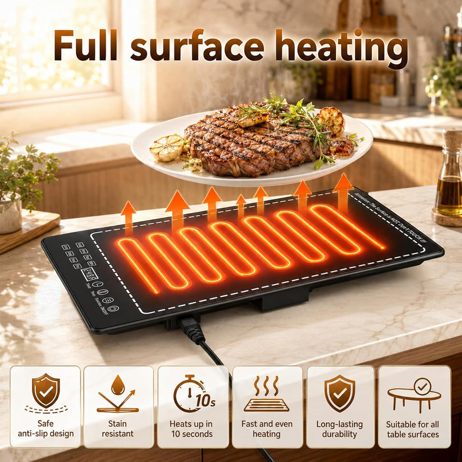 Chauffe-Plat Électrique Pliable en Verre,3-in-1 Chauffante Pliable avec Températures Réglables 30-120℃ et Minuteur 1-24H, Chauffe Plat Electrique Buffet pour Buffets Fête, Voyag Réunions