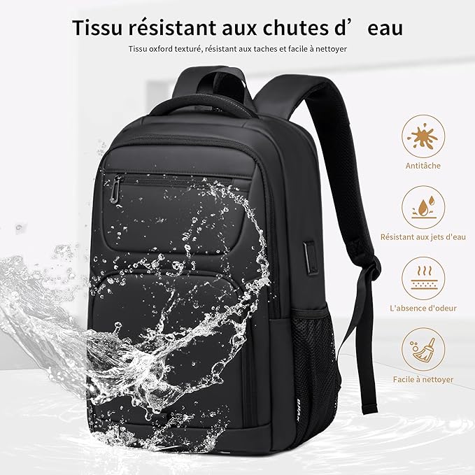 Sac à dos pour ordinateur portable de voyage pour hommes et femmes - 35 l - Noir - Avec port de charge USB - Étanque pour ordinateur portable de 15,6 po, tablette, ordinateur