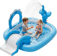 Piscine Gonflable Enfant Éléphant avec Toboggan et Jet d’Eau, Aire de Jeux Aquatique avec 4 Anneaux, 183 × 163 × 94 cm, Piscine Bébé Jardin Extérieur BLEU
