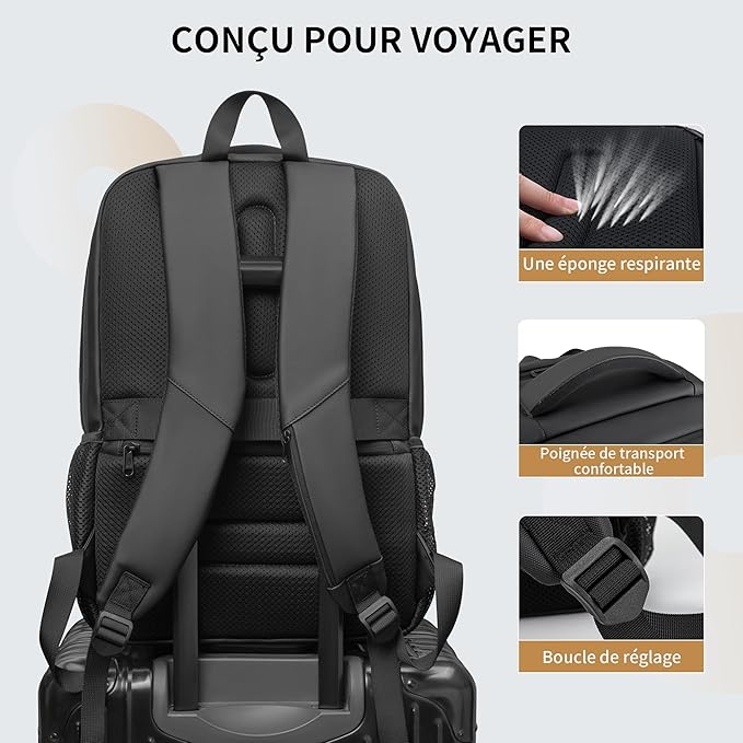 Sac à dos pour ordinateur portable de voyage pour hommes et femmes - 35 l - Noir - Avec port de charge USB - Étanque pour ordinateur portable de 15,6 po, tablette, ordinateur