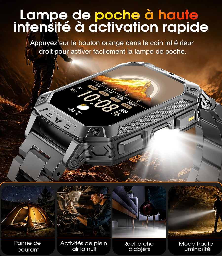 Montre Connectée Homme, 2.01'' Smartwatch avec LED Lampe, 100+ Modes Sportifs, Étanchéité IP68, Appels Bluetooth Smartwatch Militaire, Surveillance Cardiaque 24H,Sommeil, SpO2, Android/iOS