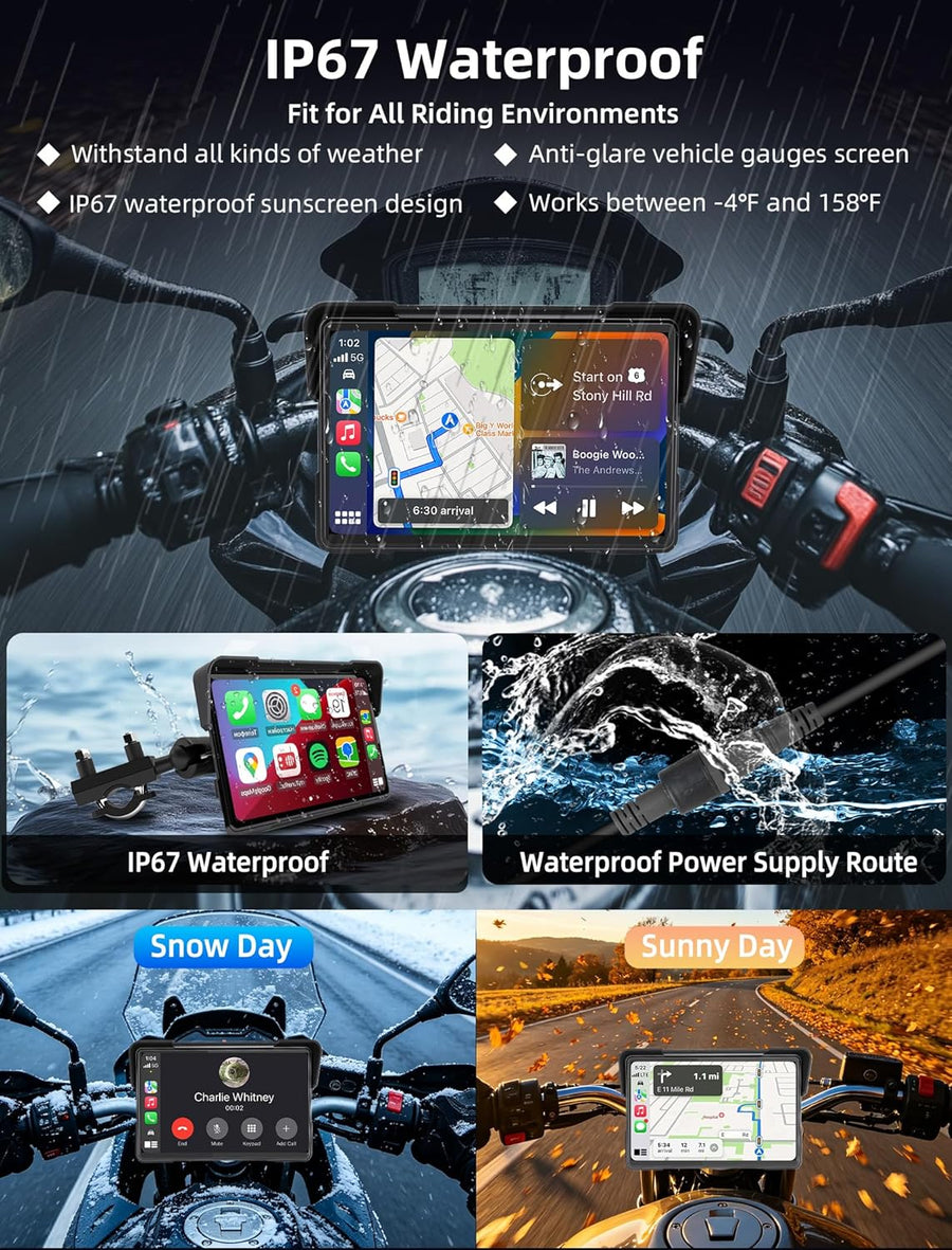 Carplay Moto 7 Pouces avec 2 Méthodes d'alimentation, GPS Moto Android Auto avec écran de Moto étanche 2,5D IPS, Double Assistant Bluetooth