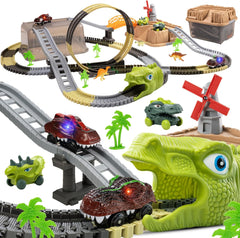 Circuit De Voiture Dinosaure Jouet Pour Enfant 255 Pièces Dinosaures Électrique Circuit De Course Avec 2 Camions, Jouets Train Track Chantier Set