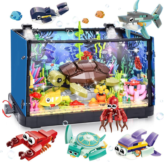 Jouet Enfant Blocs Construction Aquarium avec Lumière LED Compris Les Tortue en Mouvement