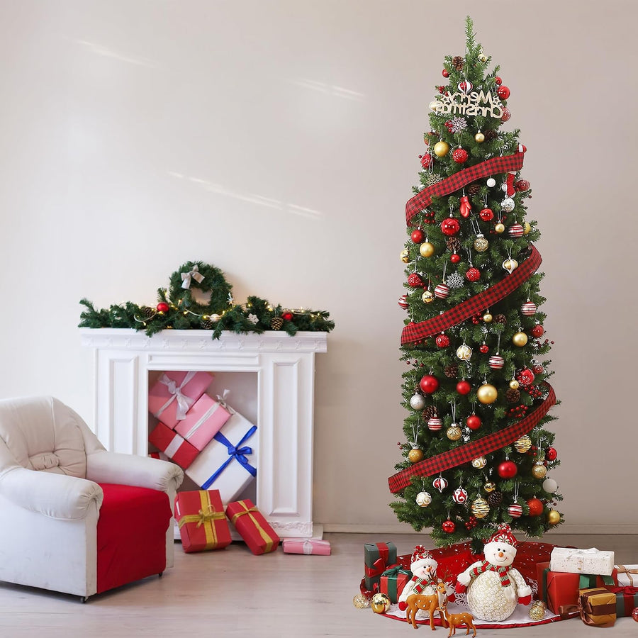 Sapin de Noël artificiel de 230 cm avec lumières LED chaudes et multicolores – Branches en PVC – Support métallique – Pommes de pin, baies rouges