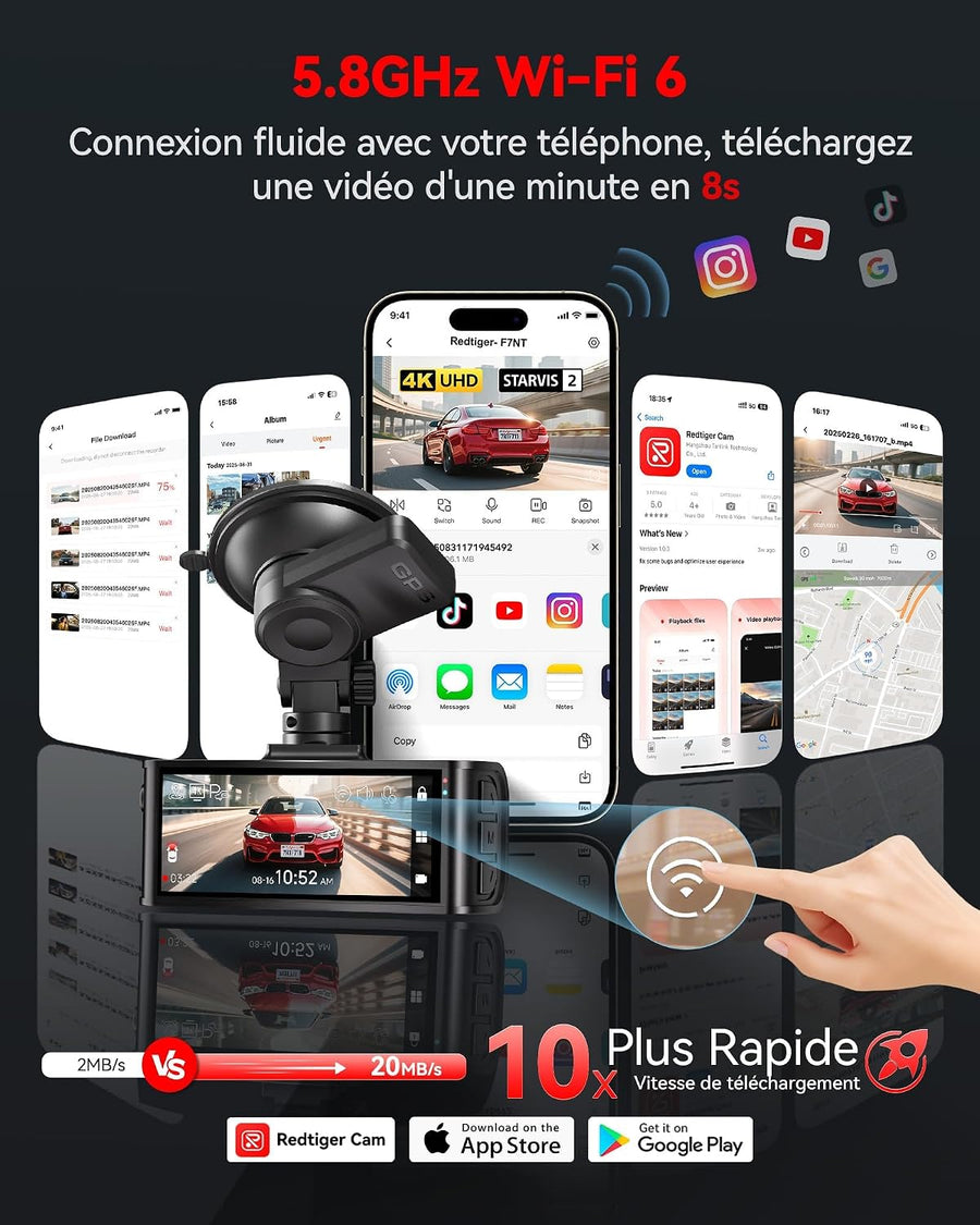 REDTIGER 4K STARVIS 2 Dashcam avant arrière, WiFi 5 GHz 20 Mo/s, commande Écran tactile, GPS, enregistrement en boucle, mode stationnement, enregistrement audio, vision nocturne WDR