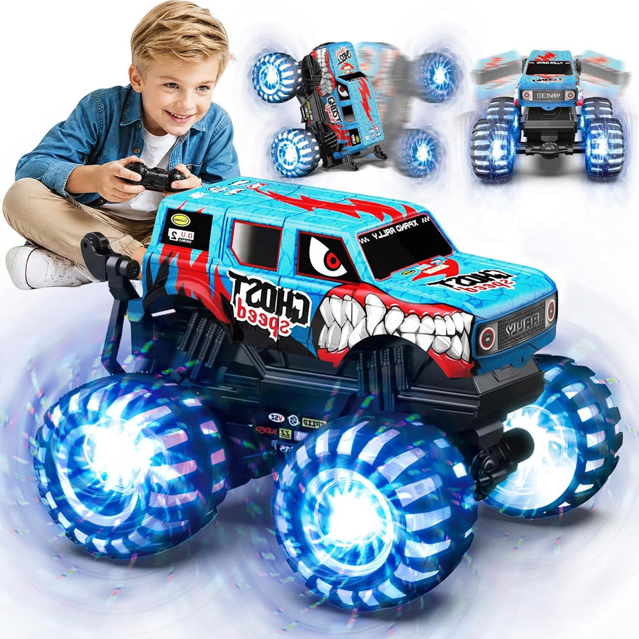 Monster Truck Dinosaure avec pneus lumineux, rotation à 360° et marche 100 min de temps de jeu, 1/20 monstertruck télécommandé avec musique, voiture télécommandée Dino 2,4 GHz à partir de 3, 4, 5