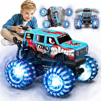 Monster Truck Dinosaure avec pneus lumineux, rotation à 360° et marche 100 min de temps de jeu, 1/20 monstertruck télécommandé avec musique, voiture télécommandée Dino 2,4 GHz à partir de 3 ans