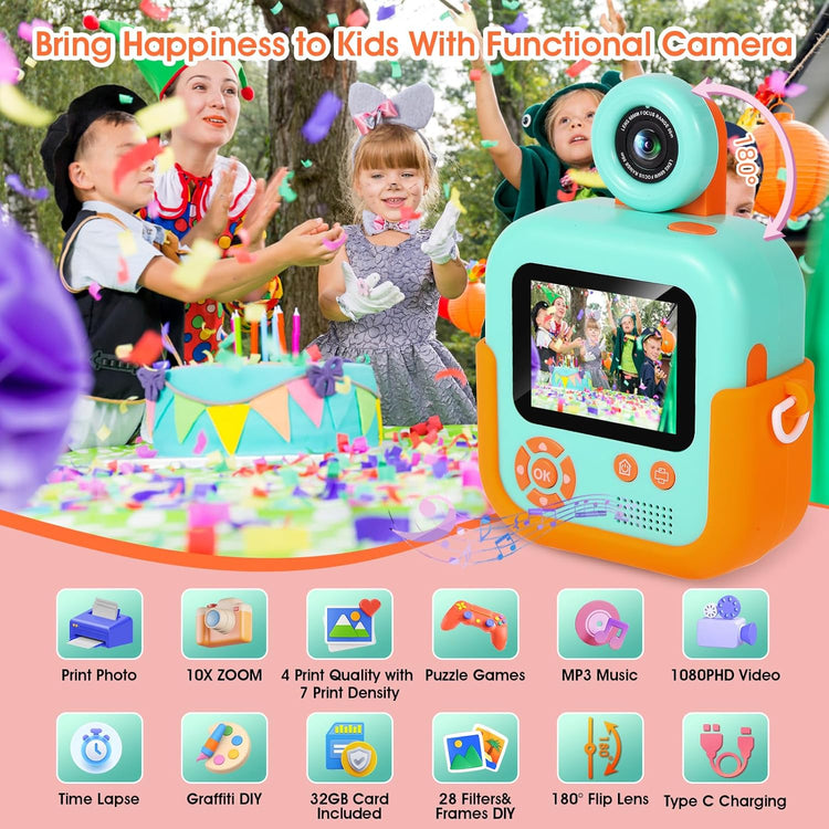 Appareil Photo Enfant Polaroid Rechargeable Ecran LCD 2.4" Vidéo HD Carte SD 32Go LION