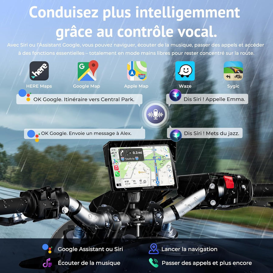 Écran CarPlay Moto sans Fil Compatible avec Apple CarPlay & Android Auto,5 Pouces Écran Tactile Moto Étanche avec Double Bluetooth,Navigation GPS,Commandes Vocales,Égaliseur,Alimentation USB/ACC