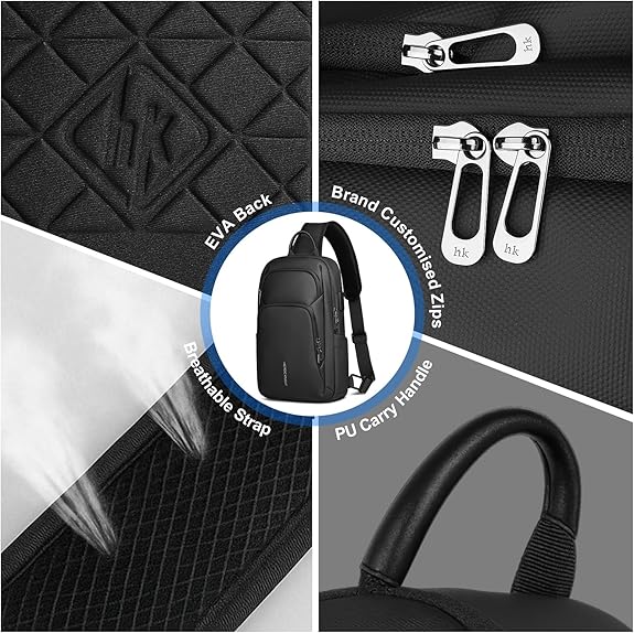 Sacoche Homme Bandouliere avec Port de Charge USB Imperméable Sac de Poitrine avec Pochette Latérale Léger Sac à Bandoulière Pour iPad 11.3" Antivol pour Voyage Travail Loisirs