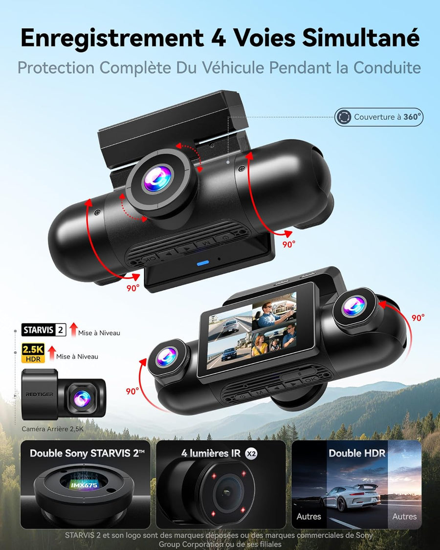 Dashcam 4 Canaux Voiture Avant Ariere,Gauche et Droite,360°,Double STARVIS 2, 2,5K*2+1080P*2,WiFi 5,8 GHz,8 Lumières IR pour Vision Nocturne,4 Objectifs Réglables,Carte 128 Go Incluse