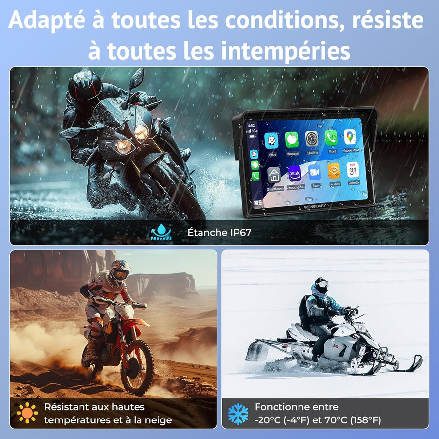 Écran CarPlay Moto sans Fil Compatible avec Apple CarPlay & Android Auto,5 Pouces Écran Tactile Moto Étanche avec Double Bluetooth,Navigation GPS,Commandes Vocales,Égaliseur,Alimentation USB/ACC