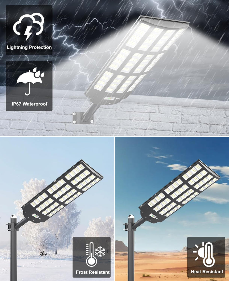 Lampadaire Solaire Exterieur, 6500K Projecteur Exterieur Puissant avec Télécommande, IP67 Étanche Spot Solaire Exterieur avec Detecteur de Mouvement pour Rue, Garage, Parking