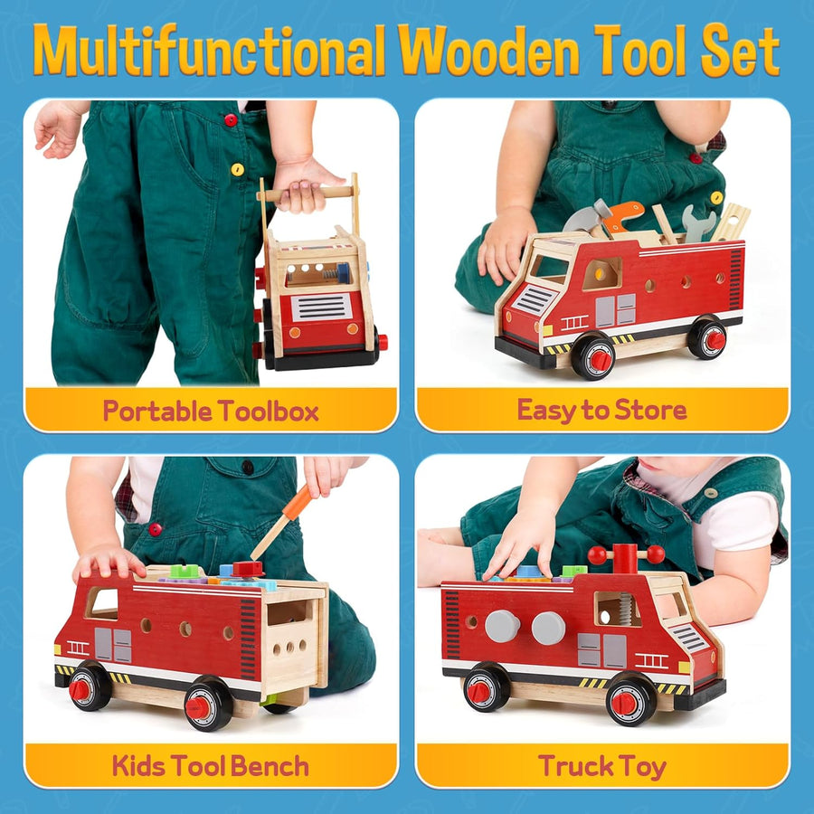 Jouet en Bois, Boite a Outils, Camion de Pompier Voiture Enfant, Montessori Jeux, 47 Pièces
