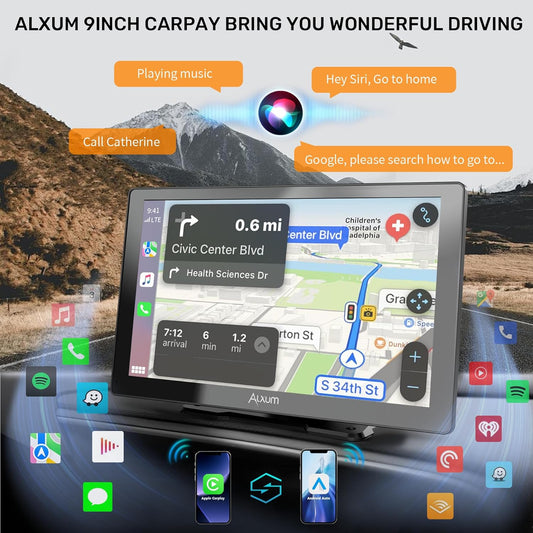 Carplay Auto-Display Portable 9” IPS Driveplay FM-Transmitter Moniteur Auto Bluetooth Car Play avec caméra de recul, Support pour Carte TF, FM, AUX pour Tous Les véhicules