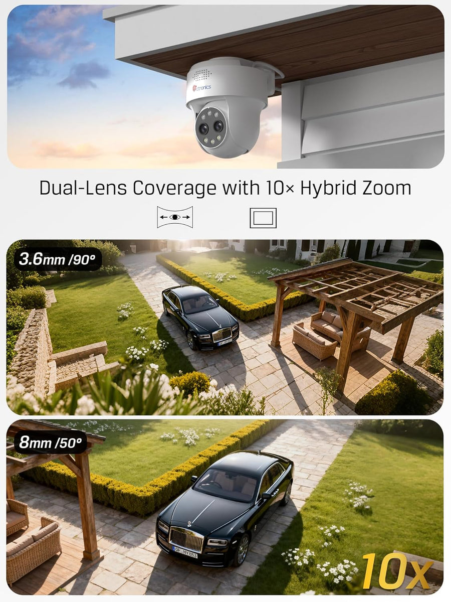 Caméra de Surveillance 4MP Double Objectif, Zoom Hybride 10×, Détection IA Personnes/Véhicules, Vision Nocturne Couleur & Infrarouge 30m, WiFi Double Bande, Étanche IP66, Accès à Distance