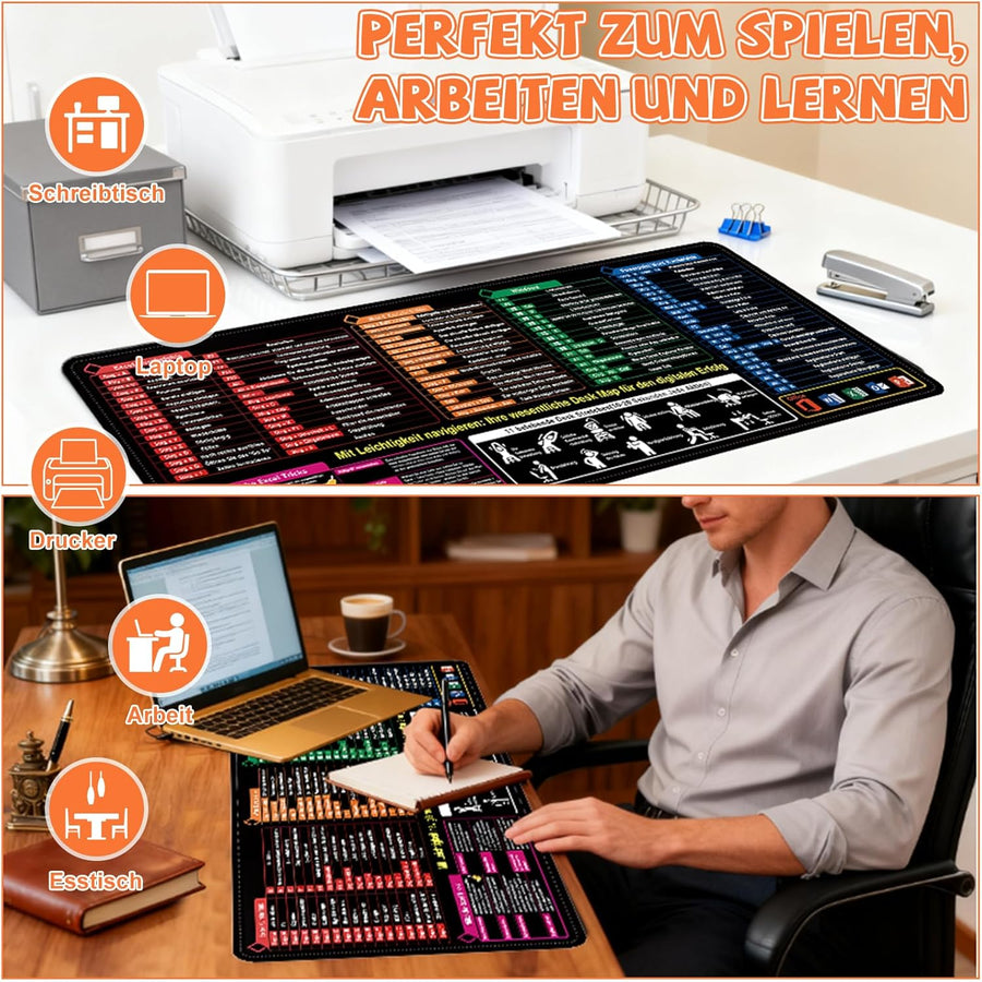 Grand tapis de souris - Ecriture allemand - Raccourcis clavier - Bureau Travail 30x79cm