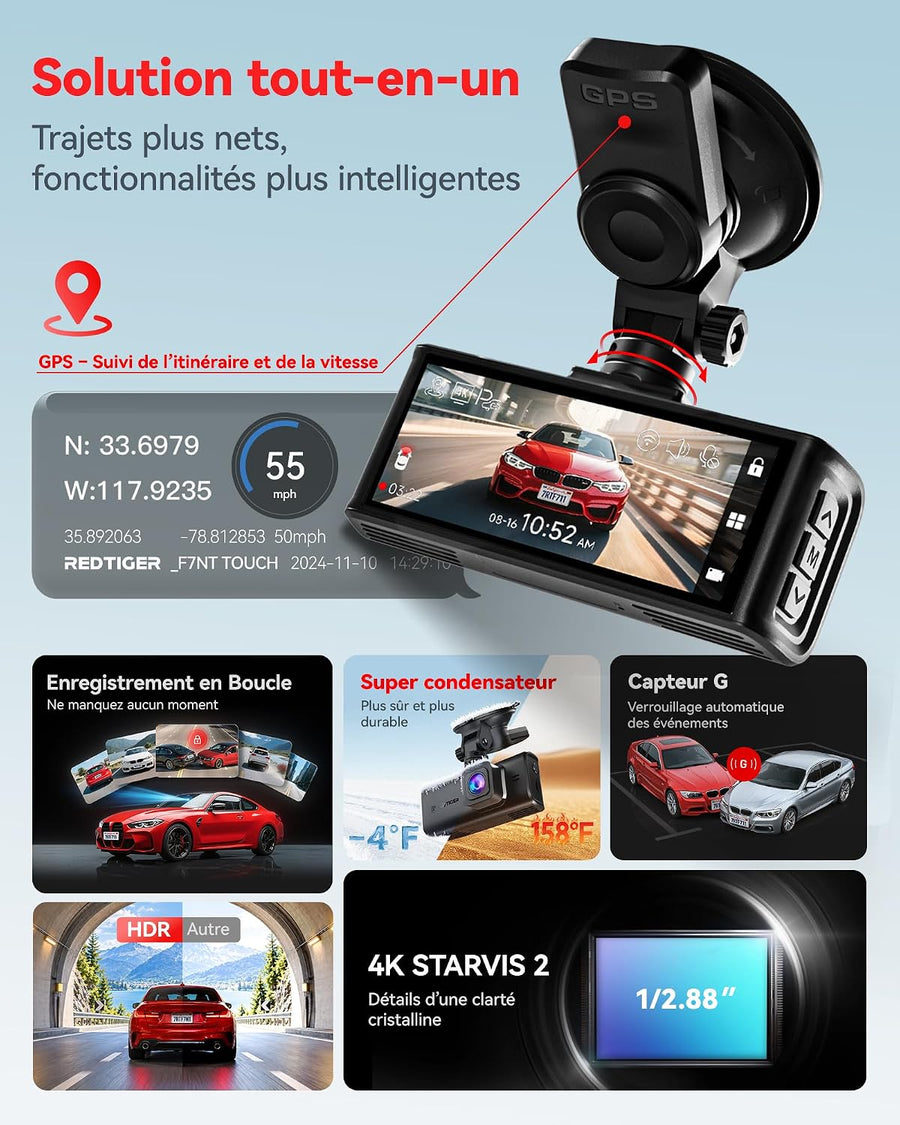 REDTIGER F7N Touch 4K STARVIS 2 Caméra de tableau de bord de voiture avant Caméra embarquée de voiture 5,8 GHz WiFi, écran tactile 3,18", GPS, vision nocturne UHD 2160p, verrouillage d'urgence