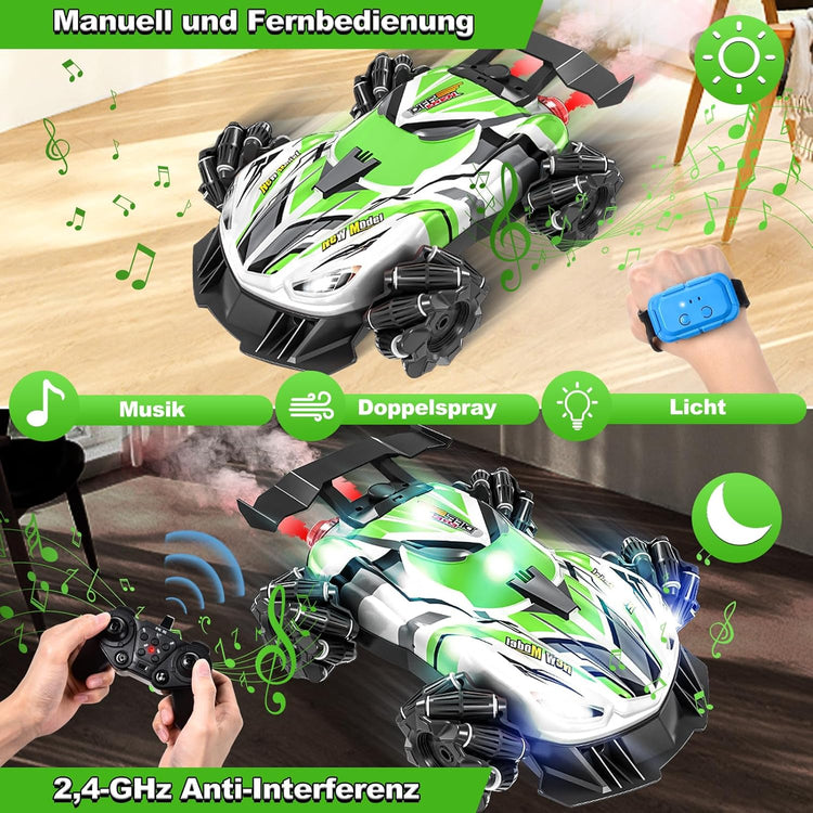 Voiture Télécommandée Enfant avec Télécommande ou Main Lumière et Spray RC Stunt Auto Tout Terrain 2,4 GHz 4WD VERT