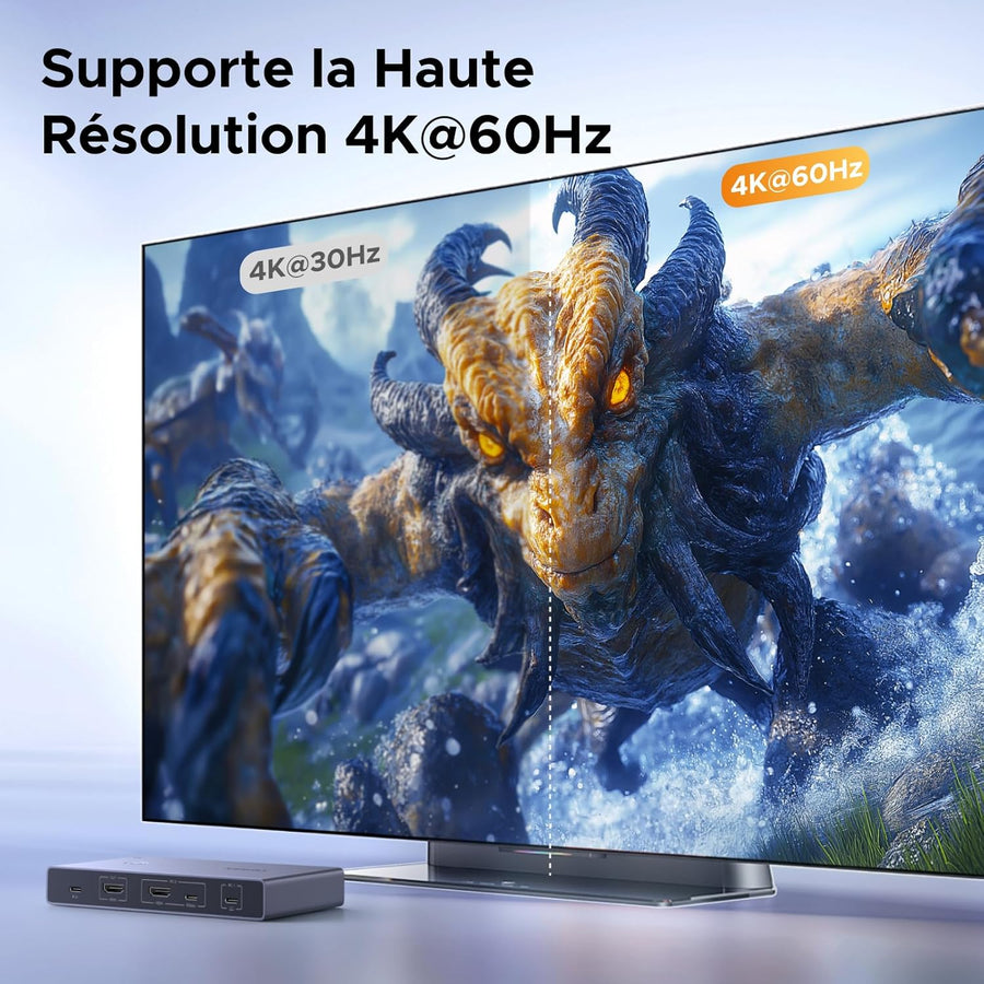 KVM Switch HDMI USB C 4K 60Hz 2 Entrées 1 Sortie avec 4 Ports USB 3.0 3A1C 5Gbps Commutateur KVM Câble HDMI et Câble USB-C Vidéo Inclus