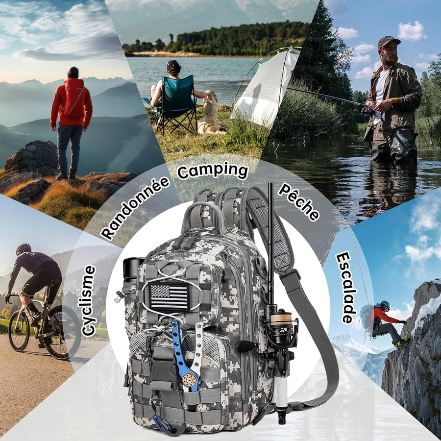 Sac à Dos de Pêche avec Support de Canne à Pêche, Sac de Pêche Portable en Bandoulière, Sac de Pêche Imperméable et Multi-Poches pour Pêche, Randonnée et Voyage