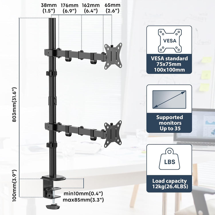 Support Double Ecran Vertical Deux Ecrans Jusqu'à 35" Réglable en Hauteur Pivot Inclinaison Rotation Pince en C