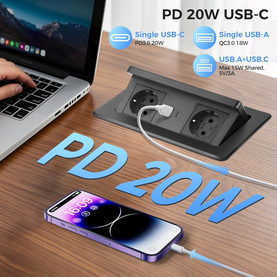Prise Encastrable Plan de Travail, Multiprise Plate avec USB C PD 20 W et 15 W, Multiprise Encastrable Sans Fil, Prise Escamotable pour Cuisines Bureaux Salle de Réunion, 1.8M Câble
