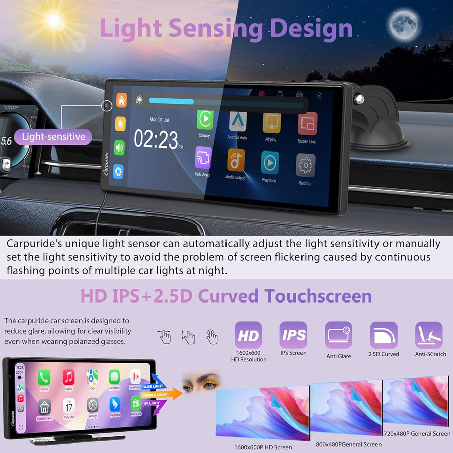 Écran sans Fil CARPURIDE W903S2 9,3 Pouces HD Compatible CarPlay et Android Auto, Avant 4K + Arrière Filaire 1080p + Caméra Infrarouge, avec Enregistrement, BT, Commande Vocale, et Carte TF 64 Go