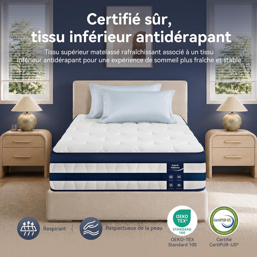 Matelas 120x200, 26 cm Hybride à Ressorts Ensachés et Mémoire de Forme Soutien Mi-Ferme, Confort Rafraîchissant, Isolation des Mouvements, Tissu 3D Respirant, Bords Renforcés, Matelas en Boîte