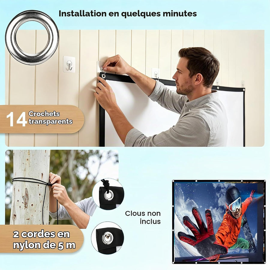 Écran de Projection 150 Pouces 16:9, Toile Vidéoprojecteur Pliable et Portable, Anti-Plis, Compatible 4K et Full HD, pour Cinéma Maison, Extérieur et Événements