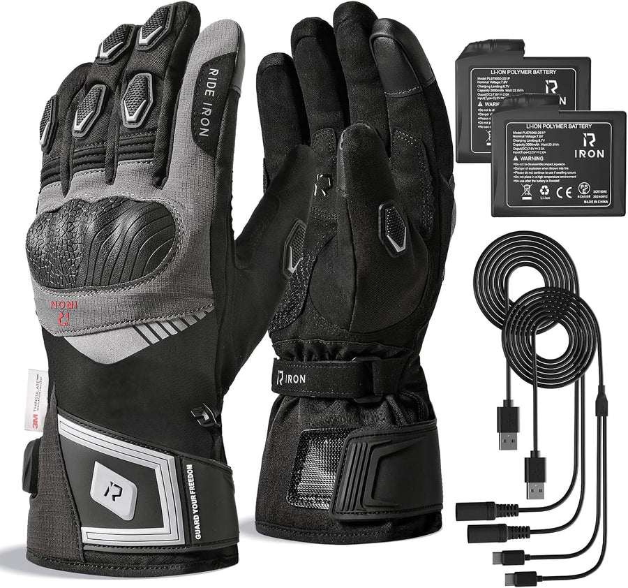 RIDEIRON Gants Moto Chauffants, CE Niveau 1 KP, Écran Tactile Chauffage jusqu'au bout des doigts, 3 niveaux, mode intelligent, batterie rechargeable 7,4 V, imperméables, modèle : MG7501H