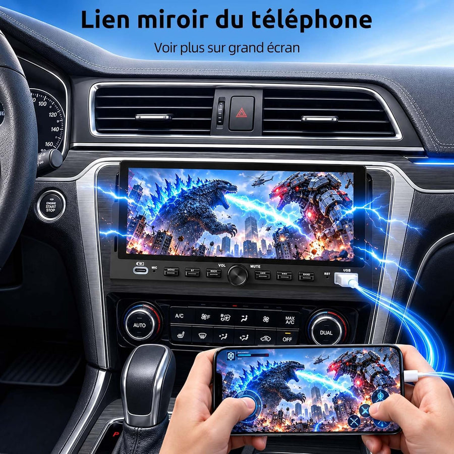 Ecran CarPlay Autoradio 1 DIN 6,86" InCell, Android Auto sans Fil Trajets et Voyages Stationnement Facile Caméra 12 LED Touches Piano Bluetooth 5.0 FM Commandes Volant Type-C 4×45 W