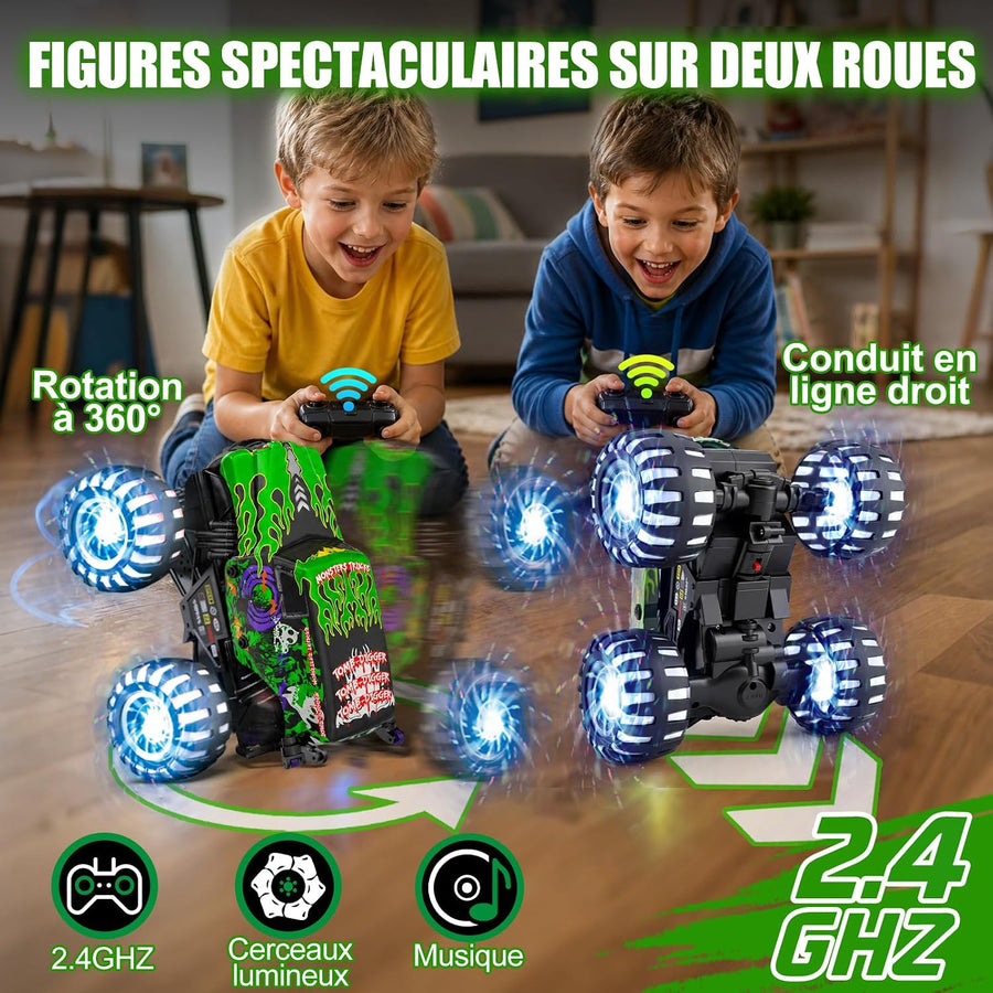 Monster Truck télécommandé avec pneus lumineux, rotation à 360°, cascade et Monstertruck télécommandé 1/20 avec 100 minutes de temps de jeu, 2,4 GHz, à partir de 3 ans
