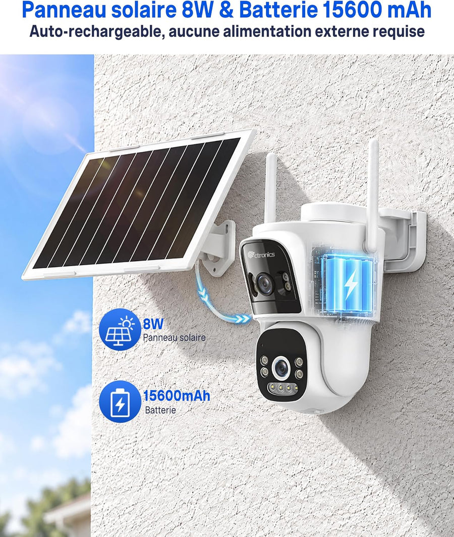 Ctronics 4G LTE AOV Camera Exterieur sans Fil Solaire, Camera sans WiFi Caméra de Surveillance Extérieur à Double Objectif 2K, Suivi Automatique, Enregistrement 24/7, Détection IA, Camera Carte Sim