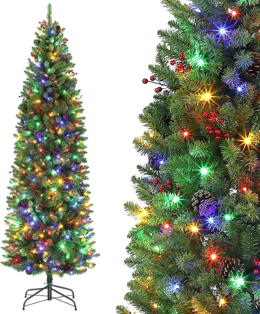 GarveeTech Sapin de Noël Artificiel 230 cm con Luces LED cálidas y Multicolor – Ramas de PVC – Soporte metálico – piñas, Frutos Rojos